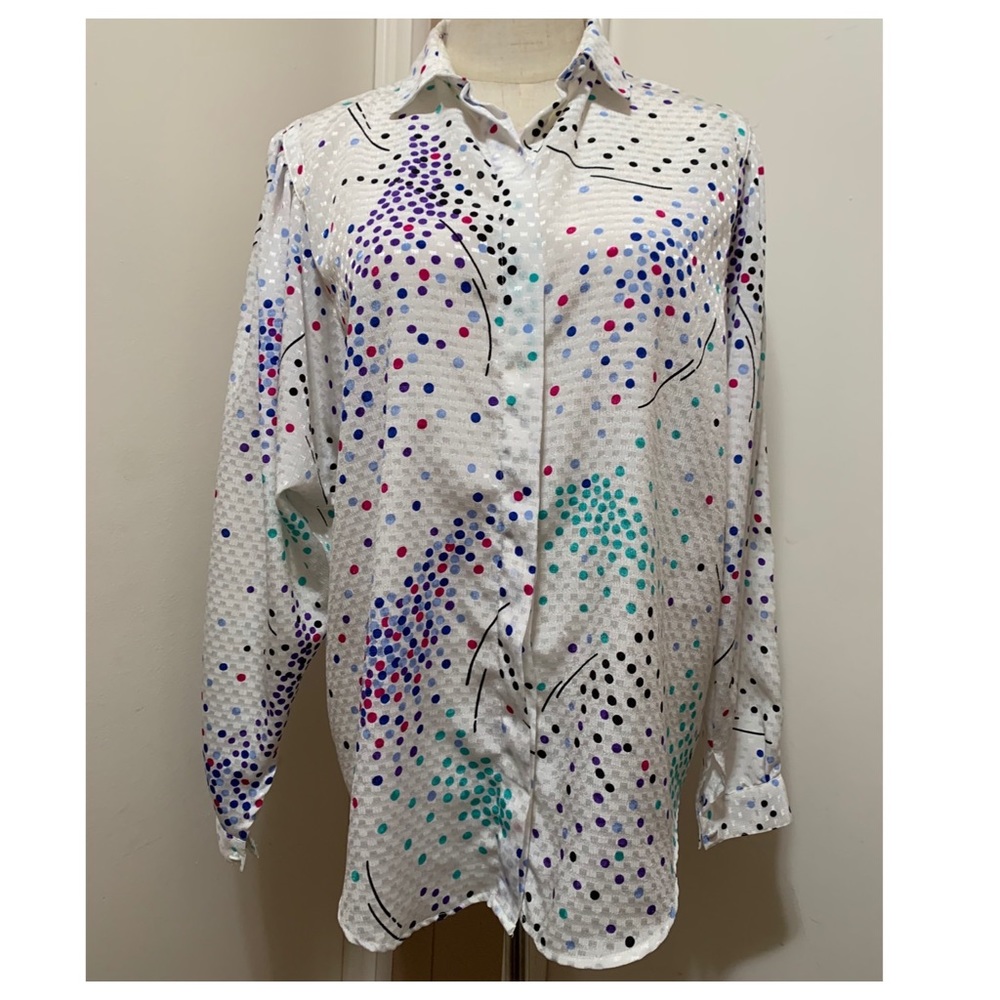 Vintage Tess Paris Milano Size 10 Long Sleeve Polka Dots Colorful Blouse.